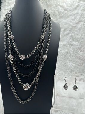 VCLM Multi-Strand Gunmetal Silver-Tone Crystal Necklace with Matching Earrings